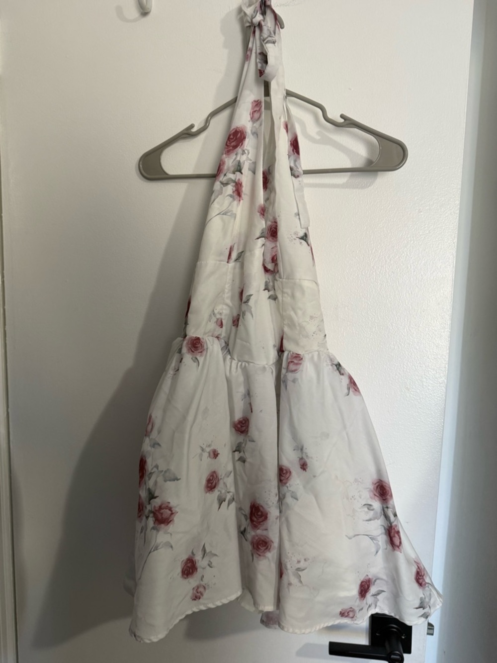 White Halter Floral Mini Dress with Pink Rose Print